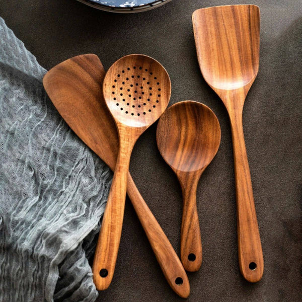 Wooden Kitchen Utensil Set – Natural Cooking Spoon & Spatula Set for Non-Stick Cookware, Eco-Friendly Household Kitchen Tools