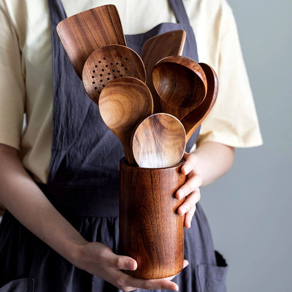 Wooden Kitchen Utensil Set – Natural Cooking Spoon & Spatula Set for Non-Stick Cookware, Eco-Friendly Household Kitchen Tools