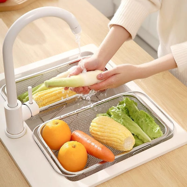 Retractable Stainless Steel Sink Drain Basket – Adjustable Kitchen Sink Strainer Rack, Foldable Dish Drying Rack, Vegetable Washing Basket, Sink Organizer & Storage Rack for Dishwashing, Kitchen Drainer